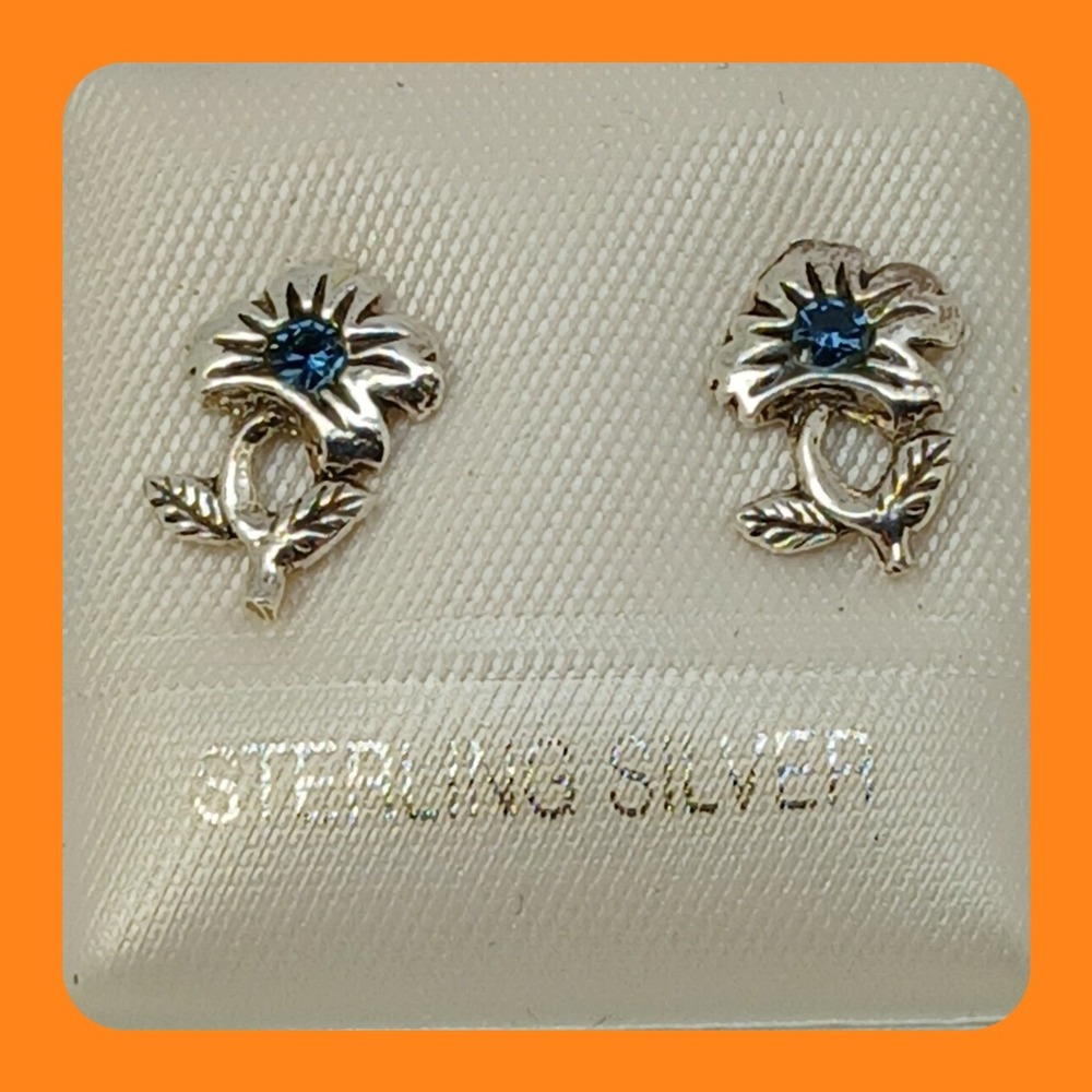 Vintage 90s Sterling Silver Blue Rhinestone Flower Stud Earrings New Old Stock